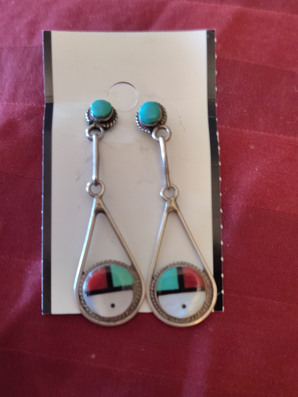 Zuni -Turquoise Inlay Teardrop Dangle Earrings - Women Jewelry
